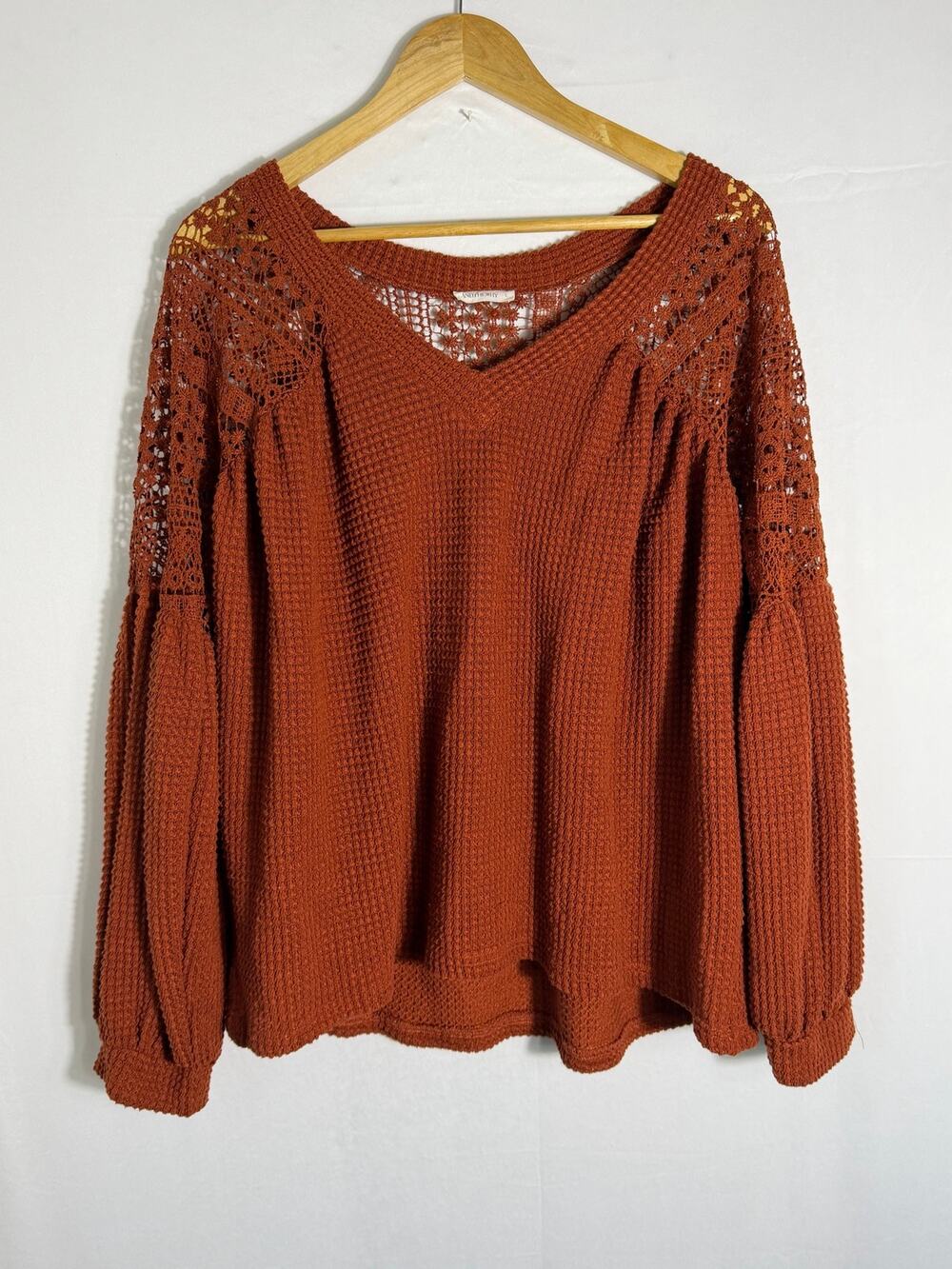 AndTheWhy Rust Burnt Orange Crochet Lace V Neck Knit Sweater Large Boho
